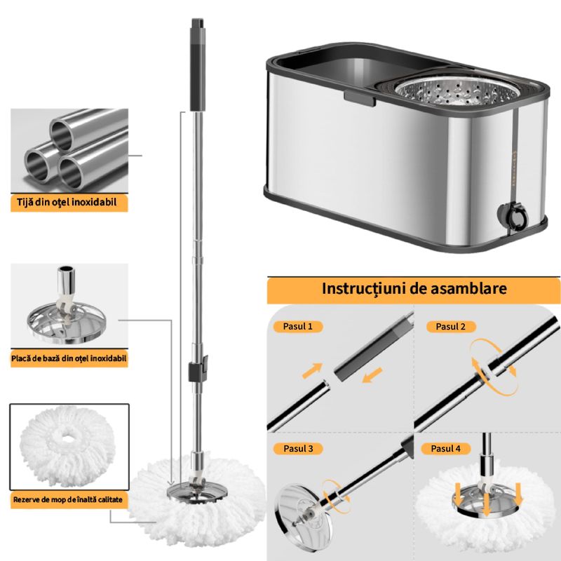 Market - Curatenie si intretinere casa - Produse menaj - Mopuri - Set cu mop rotativ si galeata din otel inoxidabil, Tija ajustabila, F7, Verde - Infinity.ro