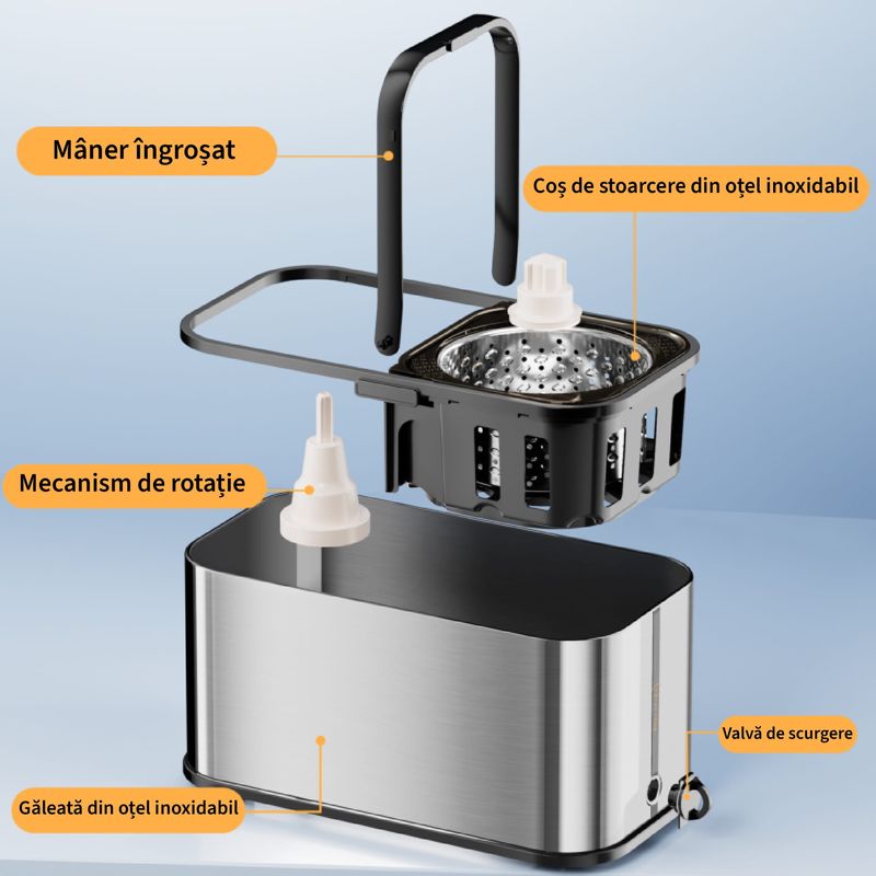 Market - Curatenie si intretinere casa - Produse menaj - Mopuri - Set cu mop rotativ si galeata din otel inoxidabil, Tija ajustabila, F7, Verde - Infinity.ro