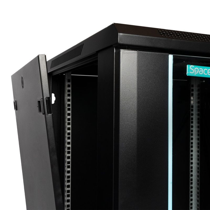 PC, gaming si accesorii - Servere - Cabinete metalice - Cabinet 19″ spacer 18u 600x600mm fixare pe perete flatpack (dezasamblat) black usa sticla cu blocare panouri detasabile - Infinity.ro