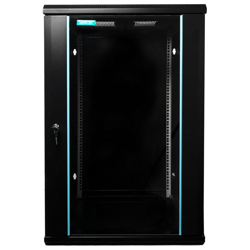 PC, gaming si accesorii - Servere - Cabinete metalice - Cabinet 19″ spacer 18u 600x600mm fixare pe perete flatpack (dezasamblat) black usa sticla cu blocare panouri detasabile - Infinity.ro