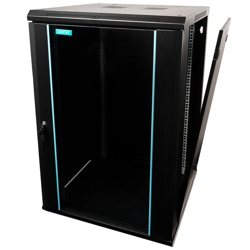 PC, gaming si accesorii - Servere - Cabinete metalice - Cabinet 19″ spacer 18u 600x600mm fixare pe perete flatpack (dezasamblat) black usa sticla cu blocare panouri detasabile - Infinity.ro