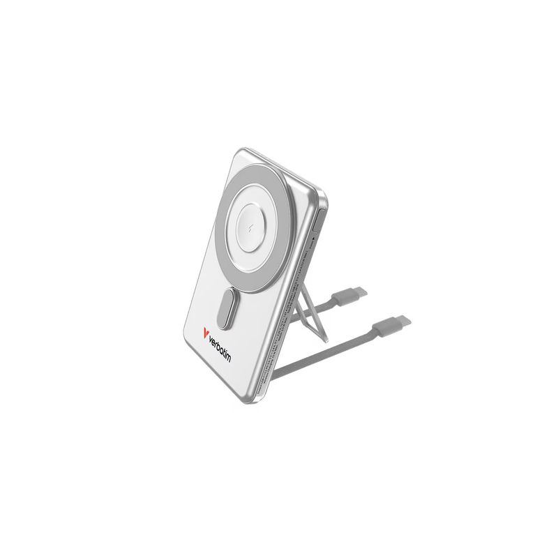 Laptop, Telefoane si Tablete - Telefoane mobile si accesorii - Accesorii Telefoane - Baterii externe - Acumulator extern Verbatim C'n'G Magnetic, 5.000mAh, 15 W, Incarcare Wireless, Stativ, 2 cabluri USB-C Argintiu - Infinity.ro