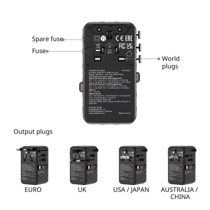 Casa si Gradina - Electrice - Accesorii electrice - Accesorii prize si intrerupatoare - Adaptor calatorie Verbatim GaN,70W,2 cabluri retractabile, USB-C PD 3.0 QC4+ pana la 70W/USB-A QC 4+ pana la 60W, negru - Infinity.ro