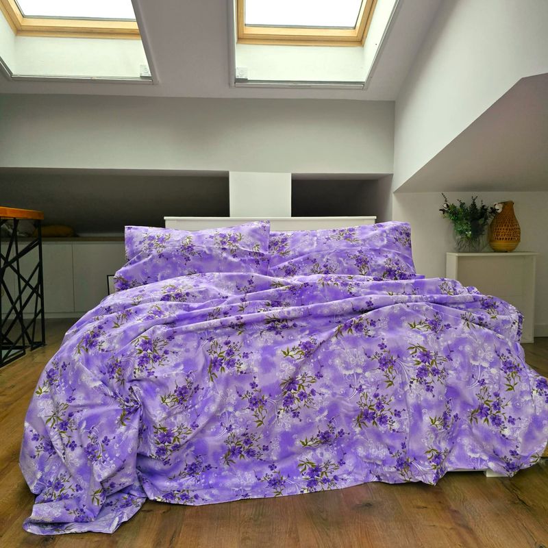 Casa si Gradina - Textile si covoare - Lenjerii de pat - Seturi de lenjerie - Lenjerie de pat 4 piese, 2 persoane, tesatura clasica neteda, 100% bumbac, decor floral - 05 - Infinity.ro
