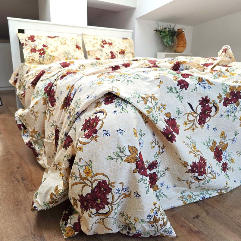 Casa si Gradina - Textile si covoare - Lenjerii de pat - Seturi de lenjerie - Lenjerie de pat 4 piese, 2 persoane, tesatura clasica neteda, 100% bumbac, decor floral - 09 - Infinity.ro
