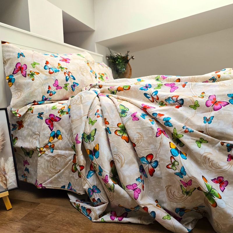 Casa si Gradina - Textile si covoare - Lenjerii de pat - Seturi de lenjerie - Lenjerie de pat 4 piese, 2 persoane, tesatura clasica neteda, 100% bumbac, decor fluturi - 11 - Infinity.ro