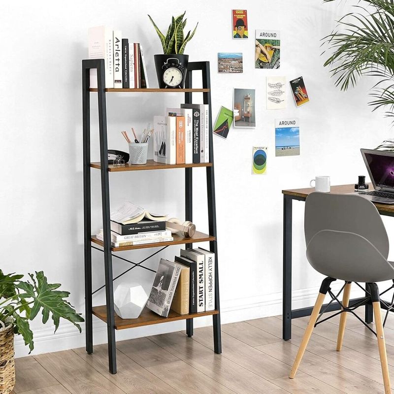 Casa si Gradina - Mobilier - Biblioteci si rafturi - Biblioteci - Biblioteca tip scara, cadru otel cu 4 polite din MDF, stil industrial, 56x34x138cm, maro rustic - Infinity.ro