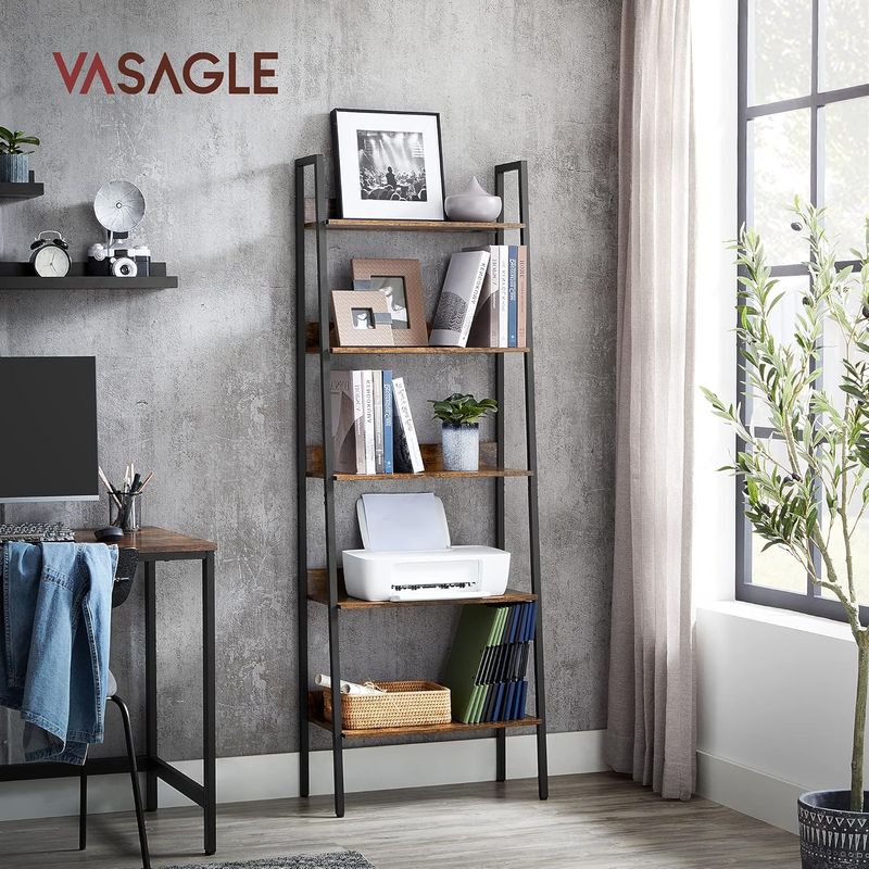 Casa si Gradina - Mobilier - Biblioteci si rafturi - Biblioteci - Biblioteca tip scara, cadru otel cu 5 polite, stil industrial, 60x30x170 cm, maro - Infinity.ro