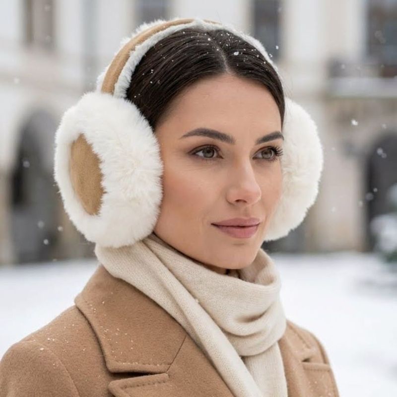 Fashion, accesorii si bijuterii - Femei - Accesorii femei - Alte accesorii femei - Casti pufoase pentru urechi, Antonio, cu aspect de piele intoarsa, culoarea camel, one size - Infinity.ro