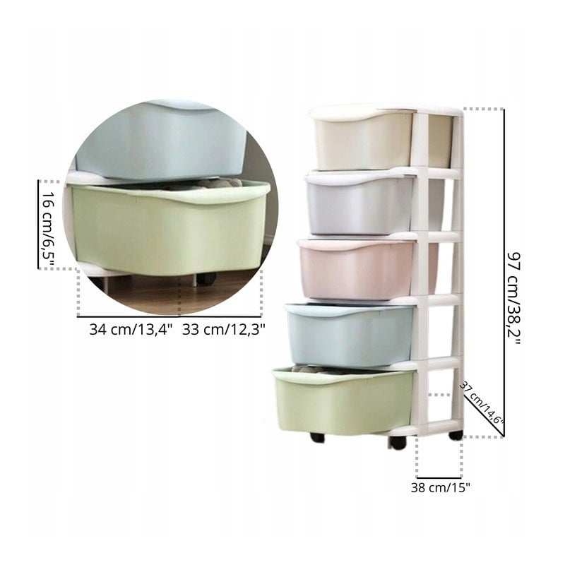 Casa si Gradina - Mobilier - Biblioteci si rafturi - Rafturi - Dulap organizator din plastic, cu 5 sertare, pe roti, Ecarla, 97x38x37 cm, PO10 - Infinity.ro