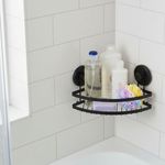 Casa si Gradina - Sanitare - Suporturi si accesorii baie - Accesorii baie - Etajera metalica de colt pentru baie, cu doua ventuze, culoare negru, 20x20x12,5 cm - Infinity.ro