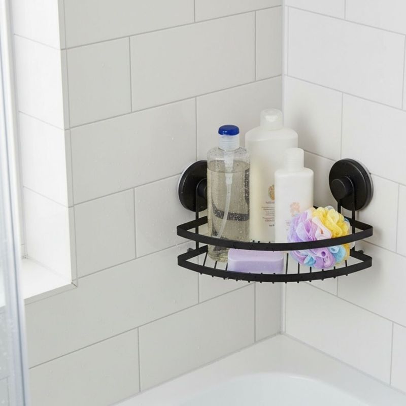 Casa si Gradina - Sanitare - Suporturi si accesorii baie - Accesorii baie - Etajera metalica de colt pentru baie, cu doua ventuze, culoare negru, 20x20x12,5 cm - Infinity.ro