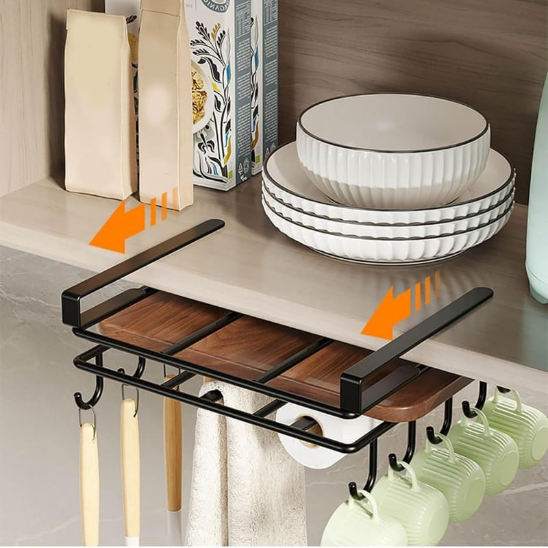 Casa si Gradina - Bucatarie si vesela - Organizare si depozitare bucatarie - Suporturi tacamuri si vase - Organizator de bucatarie, suspendat, din metal, cu raft si carlige, Ecarla, culoarea negru, 25×25 ×9,7 cm, OR116CZ - Infinity.ro