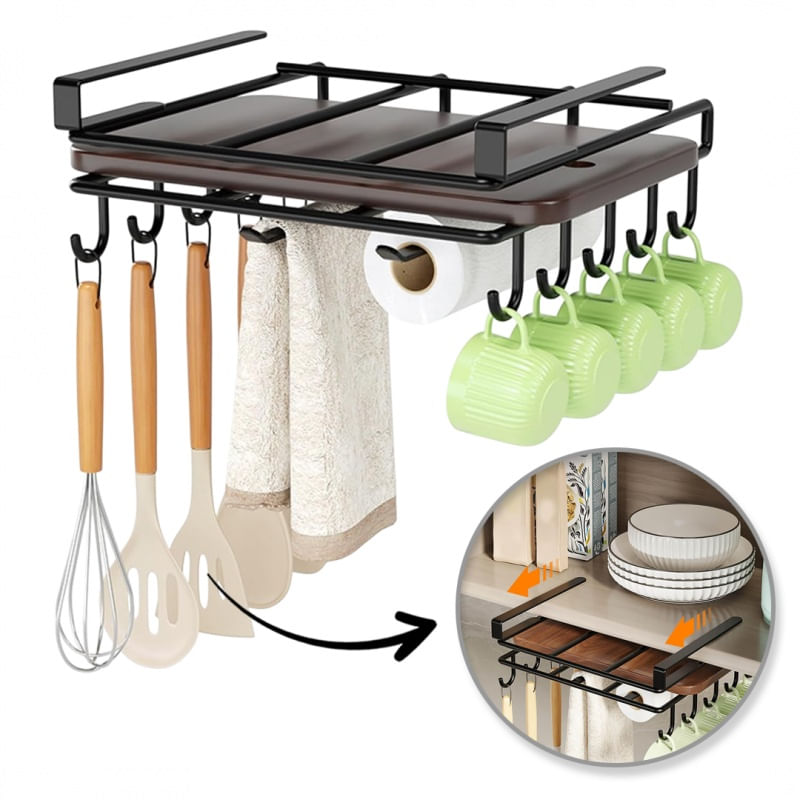 Casa si Gradina - Bucatarie si vesela - Organizare si depozitare bucatarie - Suporturi tacamuri si vase - Organizator de bucatarie, suspendat, din metal, cu raft si carlige, Ecarla, culoarea negru, 25×25 ×9,7 cm, OR116CZ - Infinity.ro