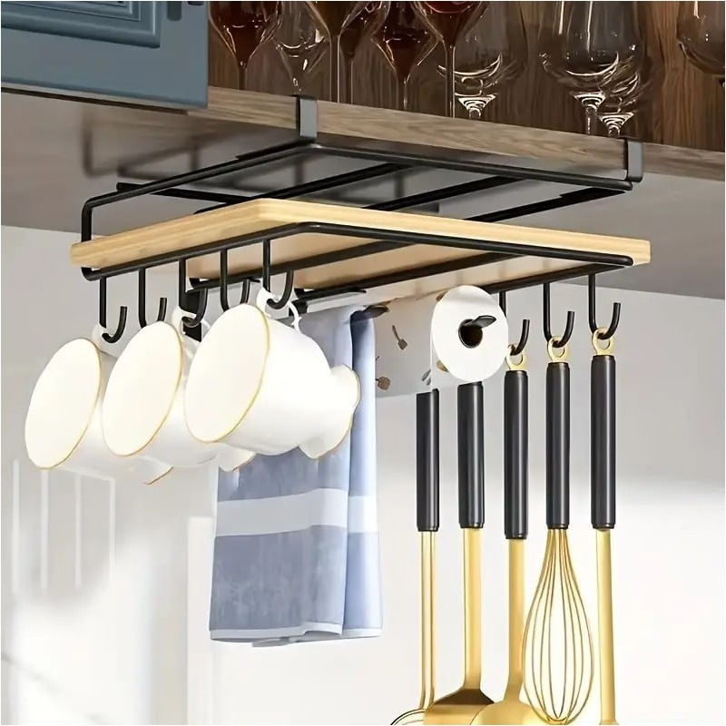 Casa si Gradina - Bucatarie si vesela - Organizare si depozitare bucatarie - Suporturi tacamuri si vase - Organizator de bucatarie, suspendat, din metal, cu raft si carlige, Ecarla, culoarea negru, 25×25 ×9,7 cm, OR116CZ - Infinity.ro
