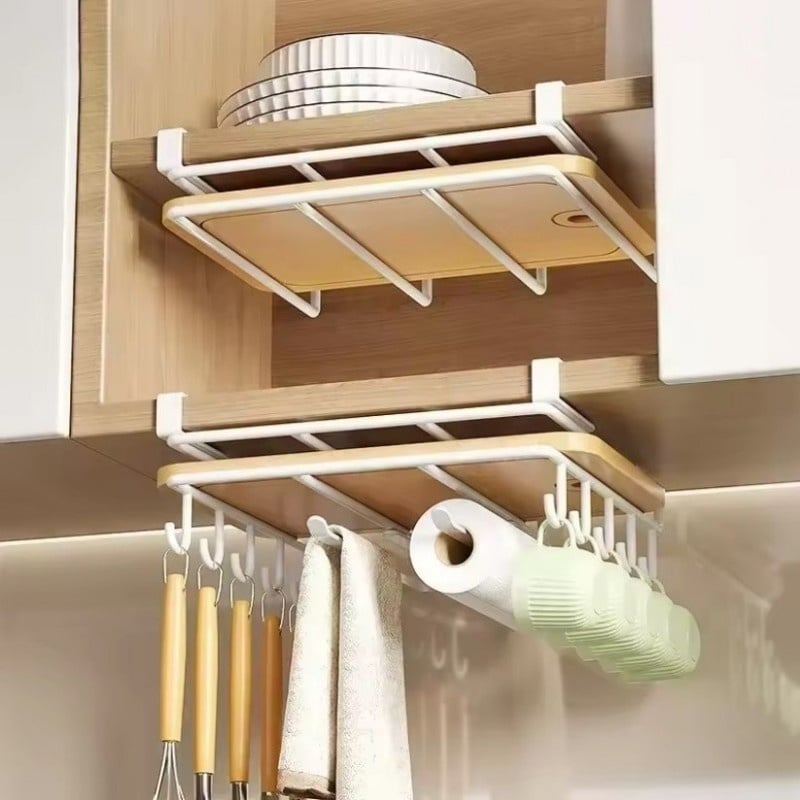 Casa si Gradina - Bucatarie si vesela - Organizare si depozitare bucatarie - Suporturi tacamuri si vase - Organizator de bucatarie, suspendat, din metal, cu raft si carlige pentru ustensile si cani, Ecarla, alb, 25×25×9,7 cm - Infinity.ro
