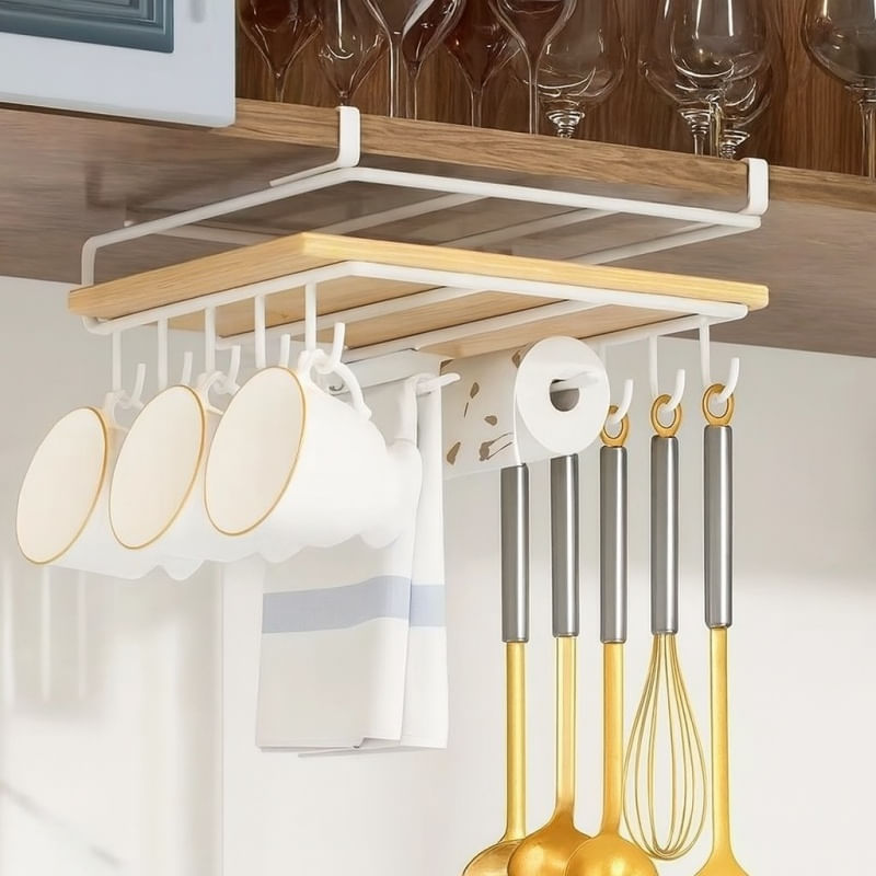 Casa si Gradina - Bucatarie si vesela - Organizare si depozitare bucatarie - Suporturi tacamuri si vase - Organizator de bucatarie, suspendat, din metal, cu raft si carlige pentru ustensile si cani, Ecarla, alb, 25×25×9,7 cm - Infinity.ro