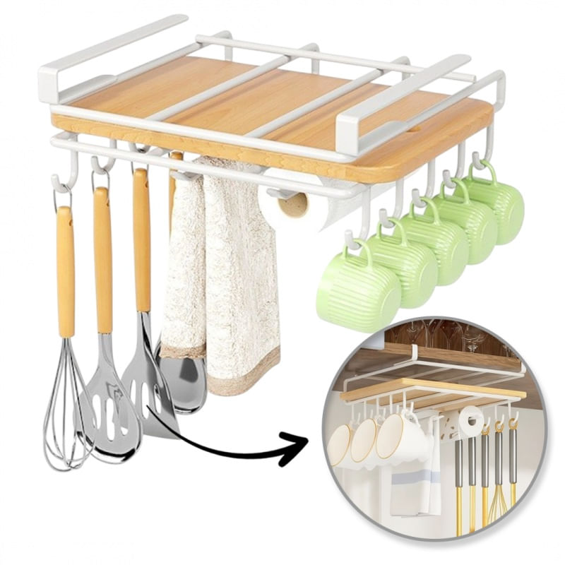 Casa si Gradina - Bucatarie si vesela - Organizare si depozitare bucatarie - Suporturi tacamuri si vase - Organizator de bucatarie, suspendat, din metal, cu raft si carlige pentru ustensile si cani, Ecarla, alb, 25×25×9,7 cm - Infinity.ro