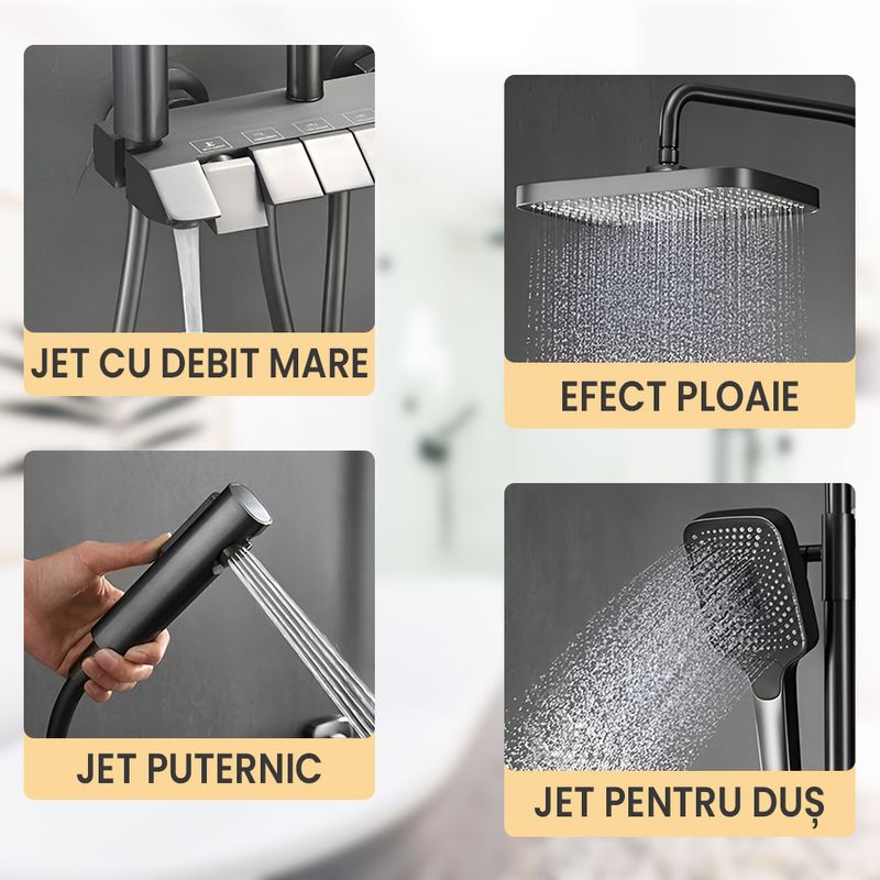 Casa si Gradina - Sanitare - Cazi si cabine de dus - Coloane si seturi de dus - Set Coloana Dus, GlowforHome, montare pe perete, 4 moduri de picurare, dus fix tip ploaie, dus mobil de mana, crom - Infinity.ro