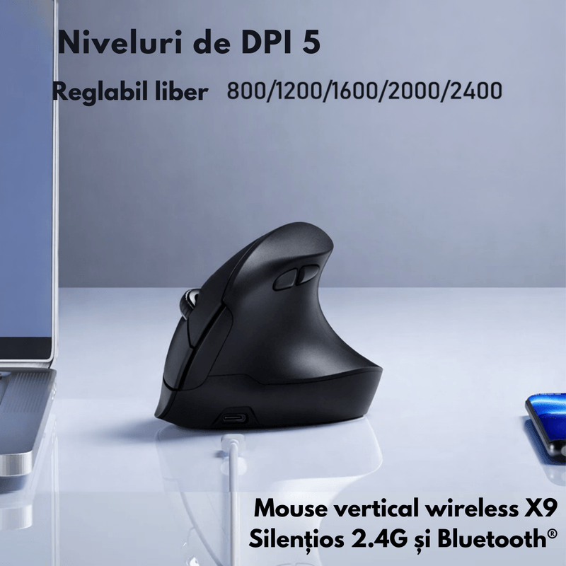 PC, gaming si accesorii - Periferice PC - Mouse - Mouse Vertical Wireless Ergonomic, QOVA®, Conectare prin Bluetooth 5.0 & USB 2.4GHz, Silentios, 2400 DPI Reglabil - Infinity.ro