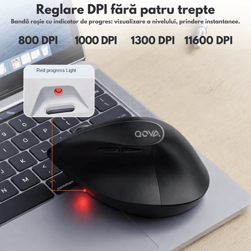 PC, gaming si accesorii - Periferice PC - Mouse - Mouse Vertical Wireless Ergonomic, QOVA®, Conectare prin Bluetooth 5.0 & USB 2.4GHz, Silentios, 2400 DPI Reglabil - Infinity.ro