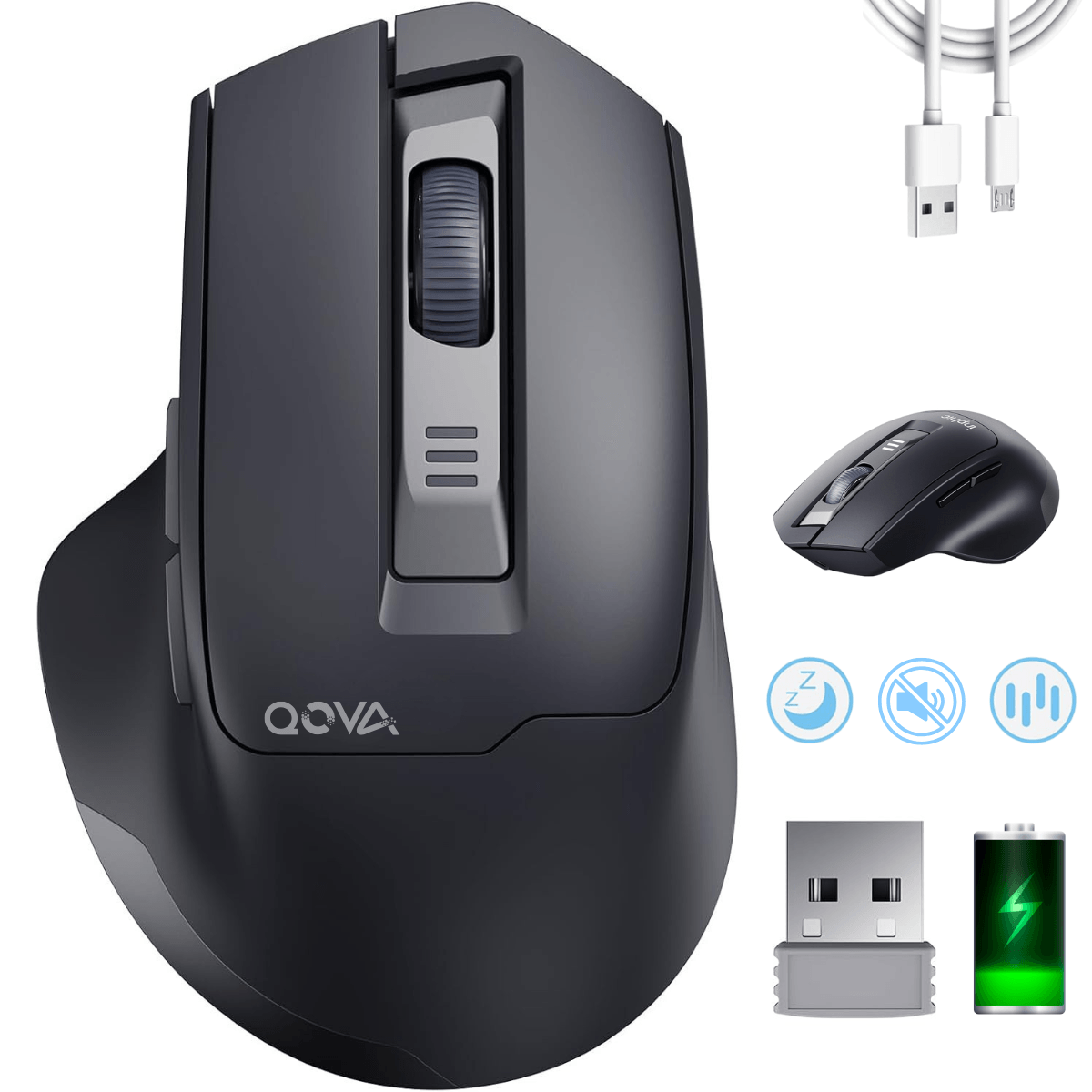 Mouse Wireless Reincarcabil Ergonomic, QOVA®, 2.4GHz, Silentios, 2400 DPI Reglabil, 5 Butoane, Reincarcabil USB-C