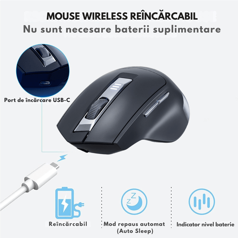 PC, gaming si accesorii - Periferice PC - Mouse - Mouse Wireless Reincarcabil Ergonomic, QOVA®, 2.4GHz, Silentios, 2400 DPI Reglabil, 5 Butoane, Reincarcabil USB-C - Infinity.ro