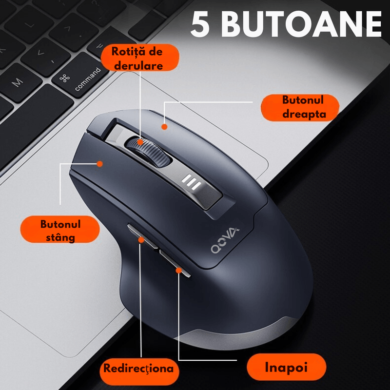 PC, gaming si accesorii - Periferice PC - Mouse - Mouse Wireless Reincarcabil Ergonomic, QOVA®, 2.4GHz, Silentios, 2400 DPI Reglabil, 5 Butoane, Reincarcabil USB-C - Infinity.ro