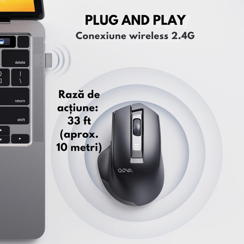 PC, gaming si accesorii - Periferice PC - Mouse - Mouse Wireless Reincarcabil Ergonomic, QOVA®, 2.4GHz, Silentios, 2400 DPI Reglabil, 5 Butoane, Reincarcabil USB-C - Infinity.ro