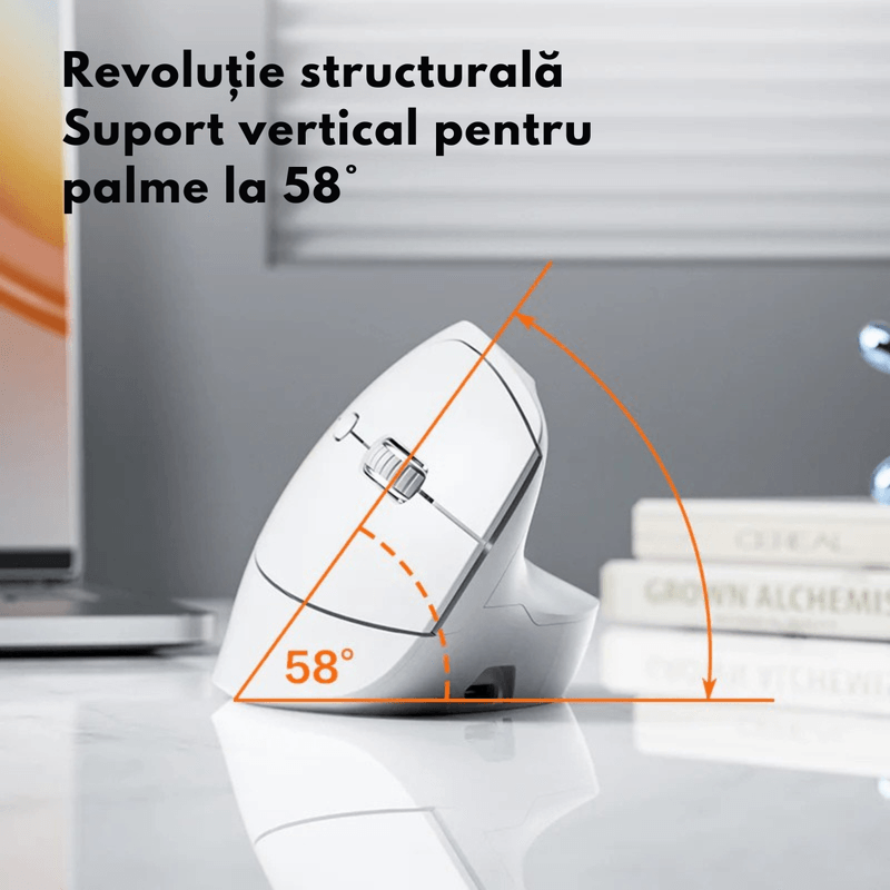 PC, gaming si accesorii - Periferice PC - Mouse - Mouse Vertical Wireless Ergonomic, QOVA®, Conectare prin Bluetooth 5.0 & USB 2.4GHz, Silentios, 2400 DPI Reglabil - Infinity.ro