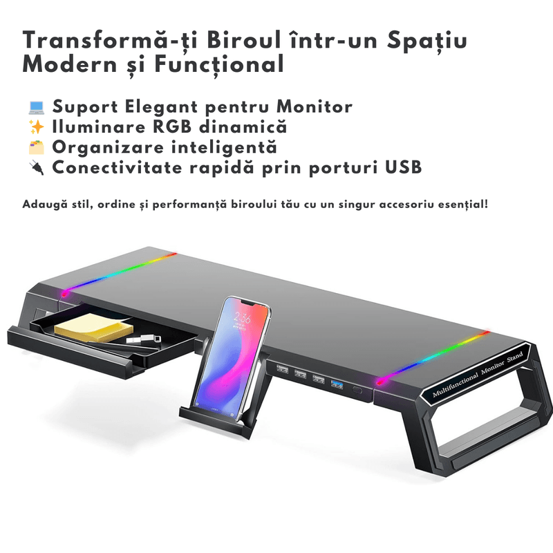 PC, gaming si accesorii - Desktop PC & monitoare - Accesorii monitoare - Suport Monitor si Laptop, Masuta Multifunctionala Qova®, cu lumini RGB reglabile si 4 Porturi USB, Tava Depozitare - Infinity.ro