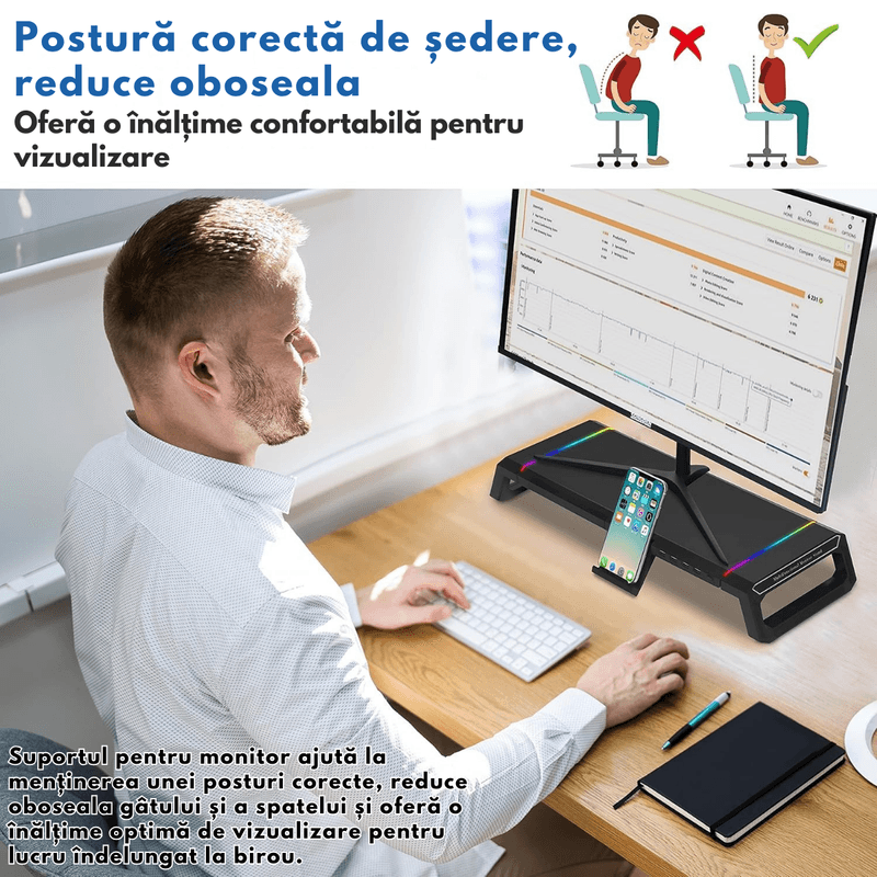 PC, gaming si accesorii - Desktop PC & monitoare - Accesorii monitoare - Suport Monitor si Laptop, Masuta Multifunctionala Qova®, cu lumini RGB reglabile si 4 Porturi USB, Tava Depozitare - Infinity.ro