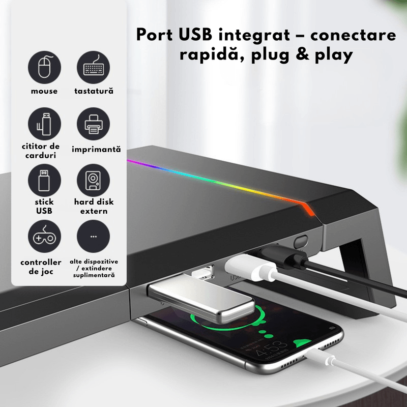 PC, gaming si accesorii - Desktop PC & monitoare - Accesorii monitoare - Suport Monitor si Laptop, Masuta Multifunctionala Qova®, cu lumini RGB reglabile si 4 Porturi USB, Tava Depozitare - Infinity.ro