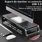 PC, gaming si accesorii - Desktop PC & monitoare - Accesorii monitoare - Suport Monitor si Laptop, Masuta Multifunctionala Qova®, cu lumini RGB reglabile si 4 Porturi USB, Tava Depozitare - Infinity.ro