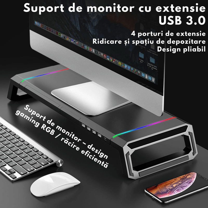 PC, gaming si accesorii - Desktop PC & monitoare - Accesorii monitoare - Suport Monitor si Laptop, Masuta Multifunctionala Qova®, cu lumini RGB reglabile si 4 Porturi USB, Tava Depozitare - Infinity.ro