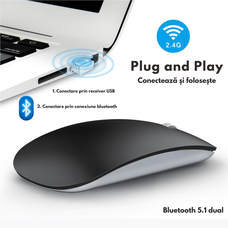 PC, gaming si accesorii - Periferice PC - Mouse - Mouse Wireless QOVA®, Dual Mode Bluetooth 5.1 & 2.4GHz, Reincarcabil USB-C, Click Silentios, DPI Reglabil 1600 max - Infinity.ro