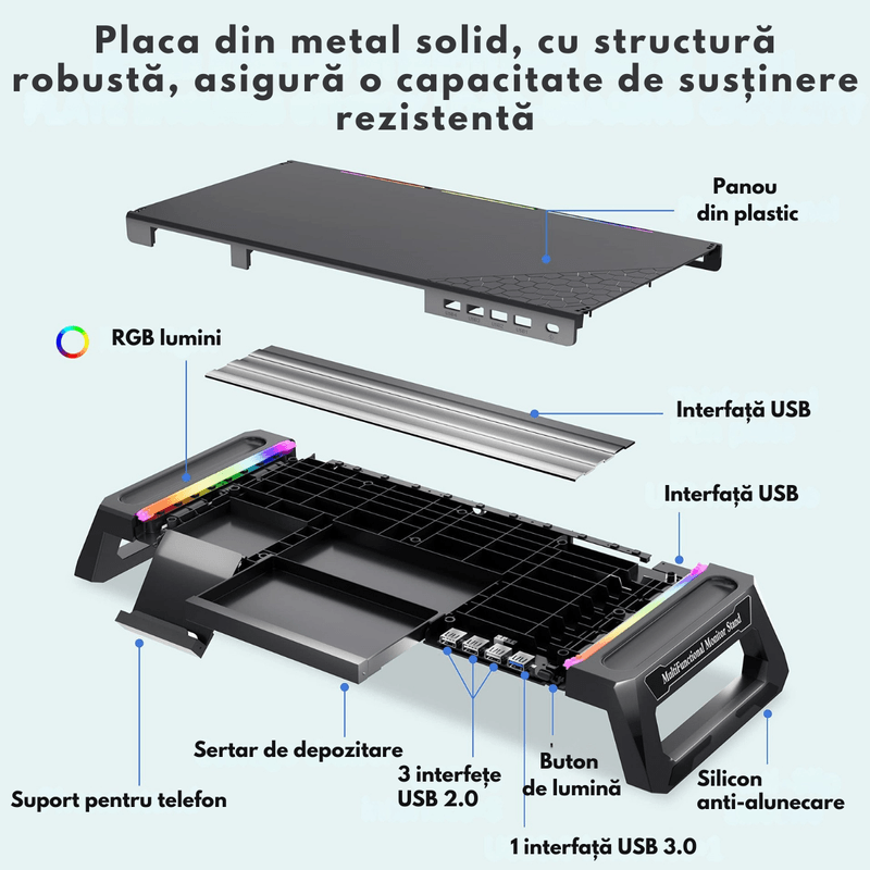 PC, gaming si accesorii - Desktop PC & monitoare - Accesorii monitoare - Suport Monitor si Laptop, Masuta Multifunctionala Qova®, cu lumini RGB reglabile si 4 Porturi USB, Tava Depozitare - Infinity.ro