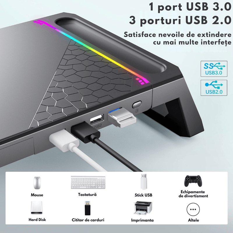 PC, gaming si accesorii - Desktop PC & monitoare - Accesorii monitoare - Suport Monitor si Laptop, Masuta Multifunctionala Qova®, cu lumini RGB reglabile si 4 Porturi USB, Tava Depozitare - Infinity.ro