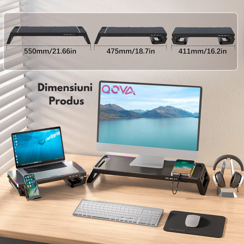 PC, gaming si accesorii - Desktop PC & monitoare - Accesorii monitoare - Suport Monitor si Laptop, Masuta Multifunctionala Qova®, cu lumini RGB reglabile si 4 Porturi USB, Tava Depozitare - Infinity.ro
