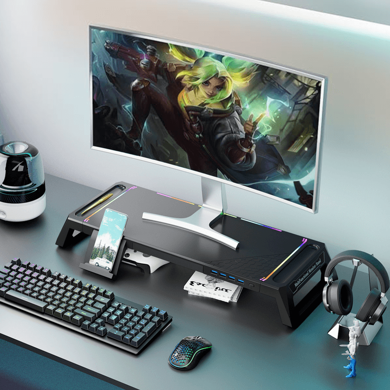 PC, gaming si accesorii - Desktop PC & monitoare - Accesorii monitoare - Suport Monitor si Laptop, Masuta Multifunctionala Qova®, cu lumini RGB reglabile si 4 Porturi USB, Tava Depozitare - Infinity.ro