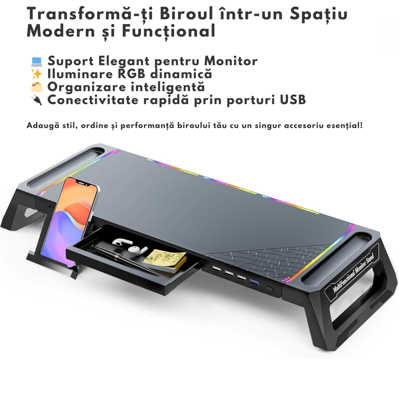 PC, gaming si accesorii - Desktop PC & monitoare - Accesorii monitoare - Suport Monitor si Laptop, Masuta Multifunctionala Qova®, cu lumini RGB reglabile si 4 Porturi USB, Tava Depozitare - Infinity.ro