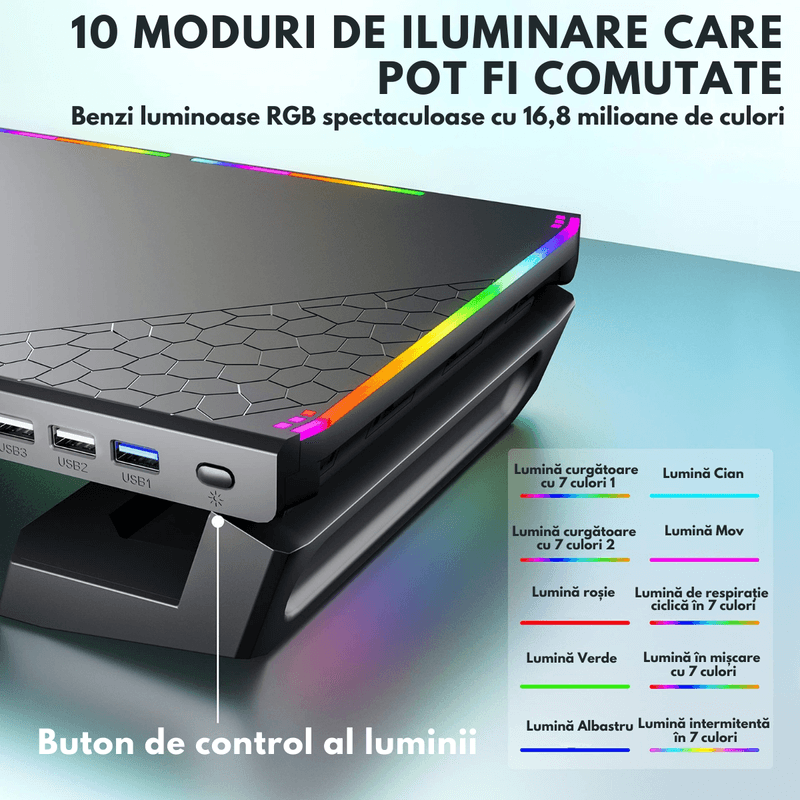 PC, gaming si accesorii - Desktop PC & monitoare - Accesorii monitoare - Suport Monitor si Laptop, Masuta Multifunctionala Qova®, cu lumini RGB reglabile si 4 Porturi USB, Tava Depozitare - Infinity.ro