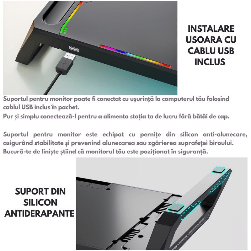 PC, gaming si accesorii - Desktop PC & monitoare - Accesorii monitoare - Suport Monitor si Laptop, Masuta Multifunctionala Qova®, cu lumini RGB reglabile si 4 Porturi USB, Tava Depozitare - Infinity.ro