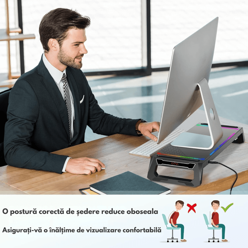 PC, gaming si accesorii - Desktop PC & monitoare - Accesorii monitoare - Suport Monitor si Laptop, Masuta Multifunctionala Qova®, cu lumini RGB reglabile si 4 Porturi USB, Tava Depozitare - Infinity.ro