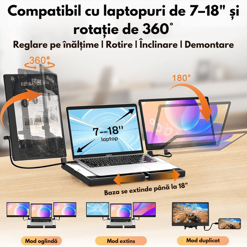 PC, gaming si accesorii - Desktop PC & monitoare - Monitoare - Monitor Extensibil si Portabil Dublu 14" FHD 1080p, Baza de Suport cu Racire, Extensie Ecran Qova® pentru Laptop - Infinity.ro