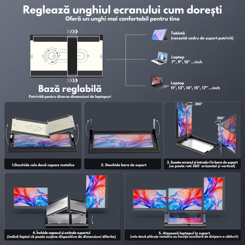PC, gaming si accesorii - Desktop PC & monitoare - Monitoare - Monitor Extensibil si Portabil Dublu 14" FHD 1080p, Baza de Suport cu Racire, Extensie Ecran Qova® pentru Laptop - Infinity.ro