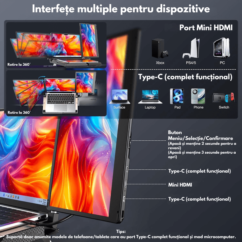 PC, gaming si accesorii - Desktop PC & monitoare - Monitoare - Monitor Extensibil si Portabil Dublu 14" FHD 1080p, Baza de Suport cu Racire, Extensie Ecran Qova® pentru Laptop - Infinity.ro