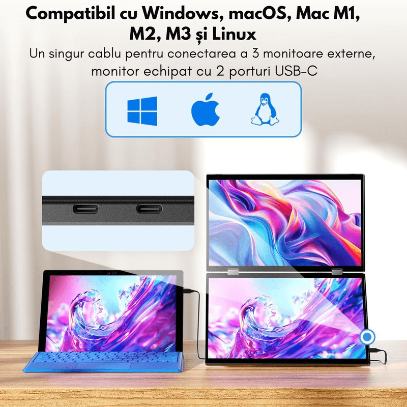 PC, gaming si accesorii - Desktop PC & monitoare - Monitoare - Monitor Dual cu Touchscreen, Pliabil si Portabil de 15.6 inch FHD pentru laptop, Qova®, Extender ecran 1080p, 360° - Infinity.ro