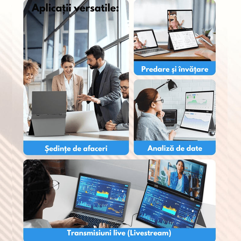 PC, gaming si accesorii - Desktop PC & monitoare - Monitoare - Monitor Dual cu Touchscreen, Pliabil si Portabil de 15.6 inch FHD pentru laptop, Qova®, Extender ecran 1080p, 360° - Infinity.ro