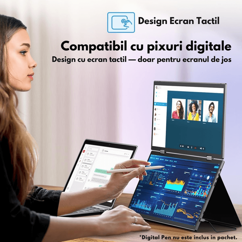 PC, gaming si accesorii - Desktop PC & monitoare - Monitoare - Monitor Dual cu Touchscreen, Pliabil si Portabil de 15.6 inch FHD pentru laptop, Qova®, Extender ecran 1080p, 360° - Infinity.ro